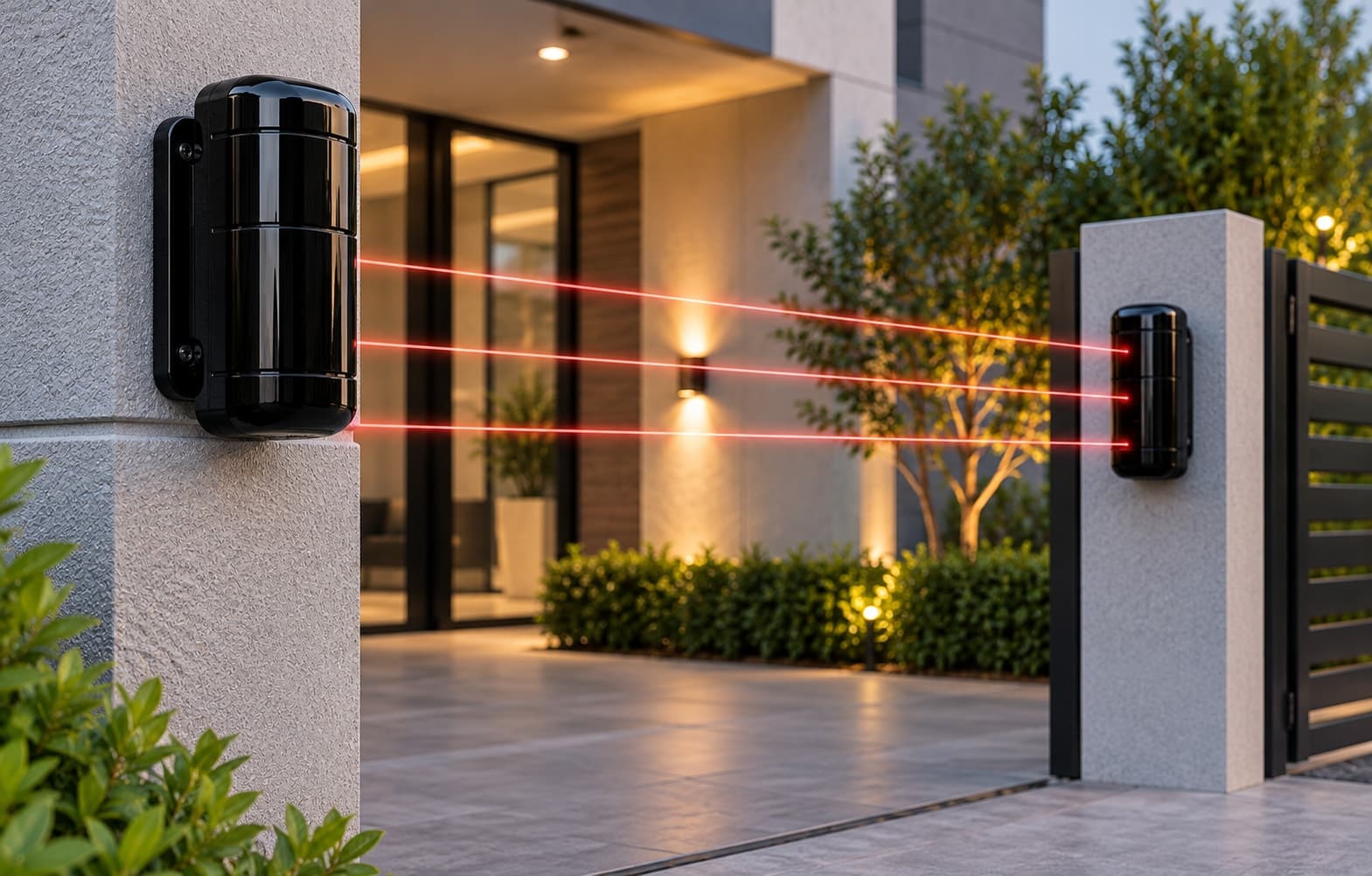 Paired infrared beam detectors projecting a beam across a driveway entrance