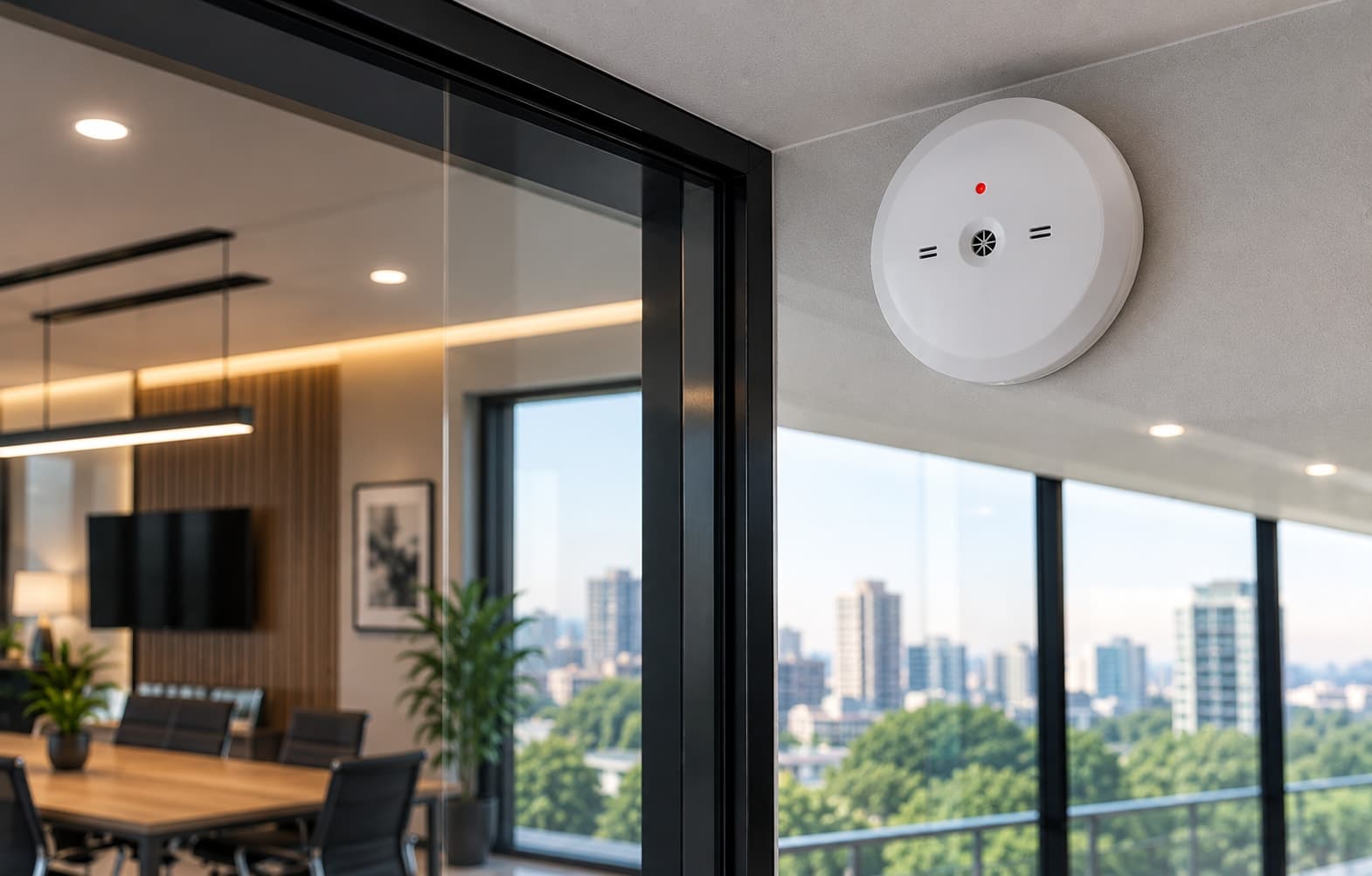 A round glass break detector mounted on a ceiling corner