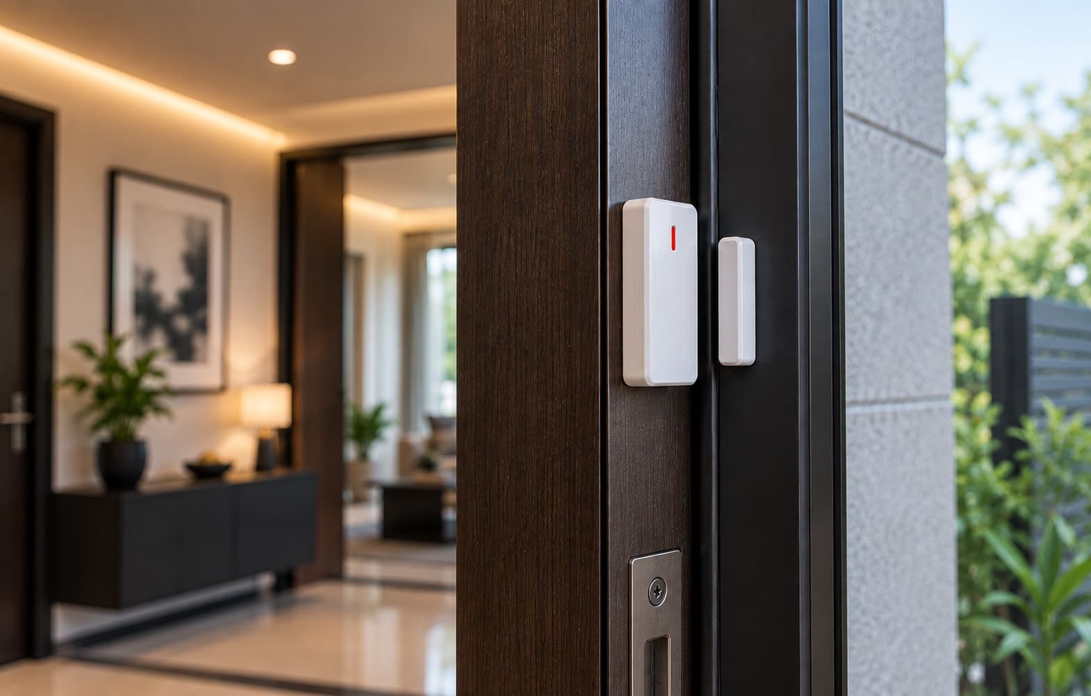 A magnetic door contact sensor installed on a door frame