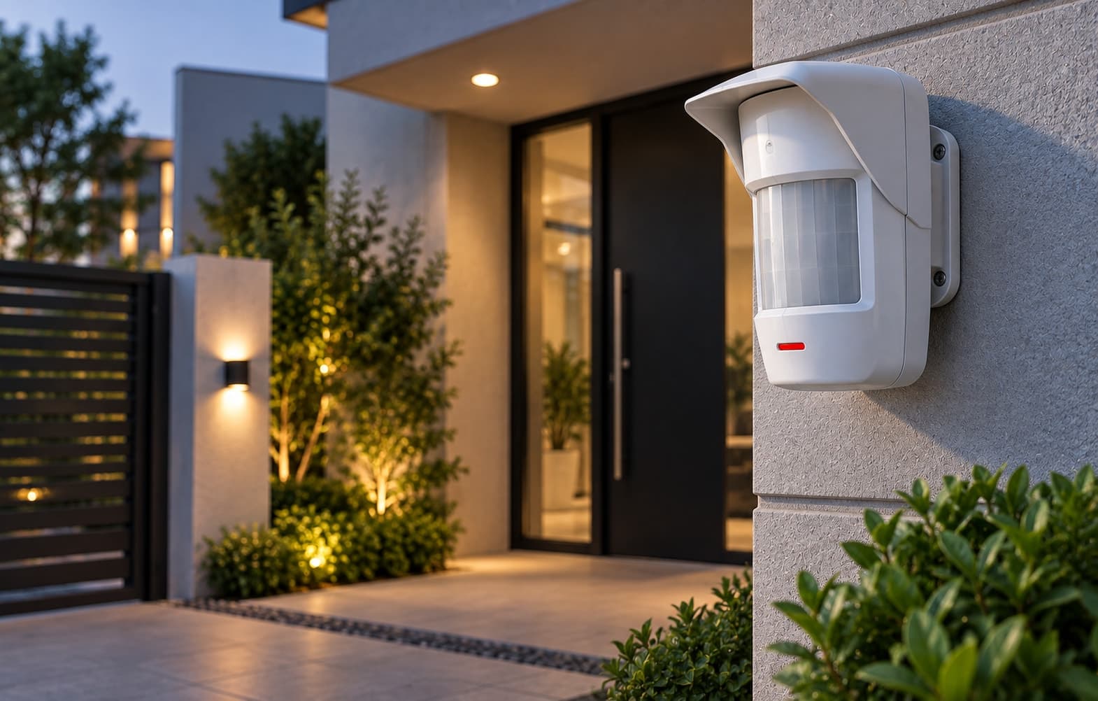 A weatherproof outdoor motion detector mounted beside a home's entrance