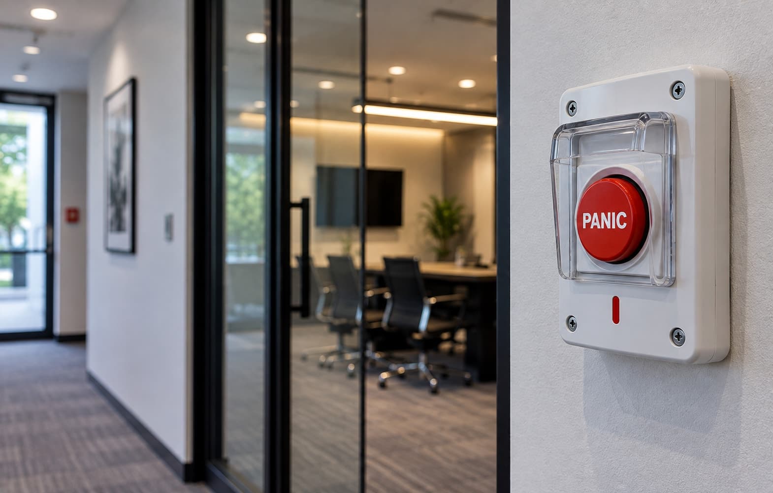 A red panic button mounted on an office corridor wall
