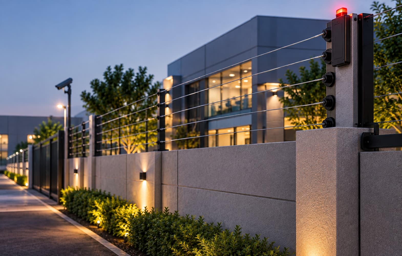 Perimeter fence sensors and taut wires along a boundary wall at dusk