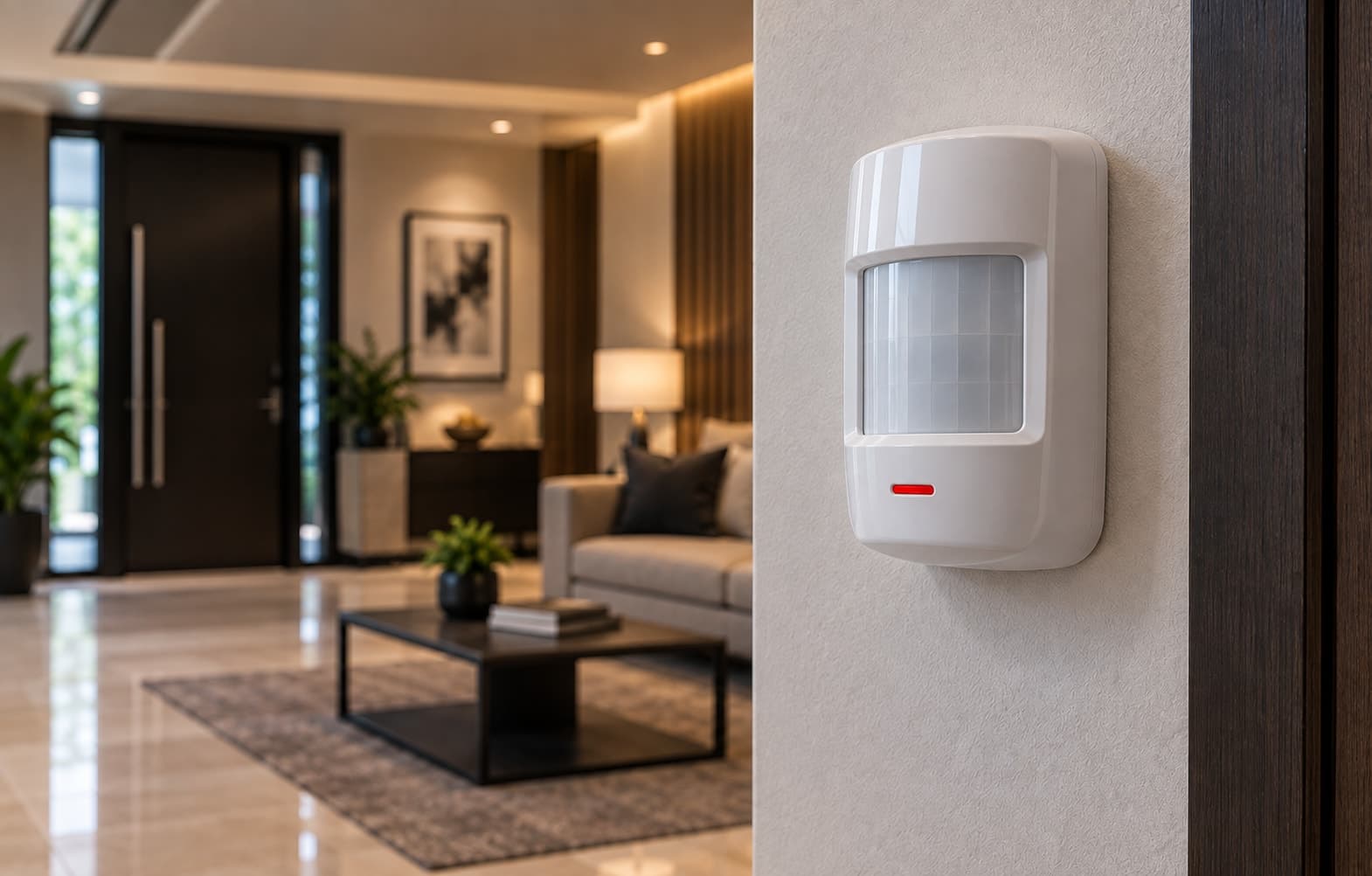 A PIR motion detector mounted on a wall inside a home