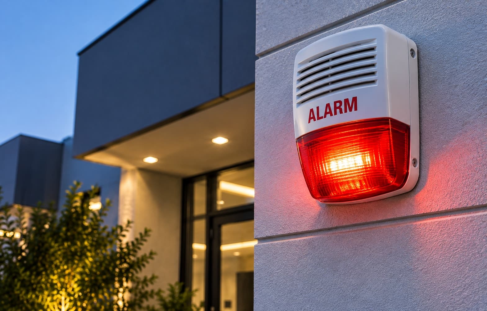 An outdoor alarm siren with a glowing red strobe light mounted on a building wall