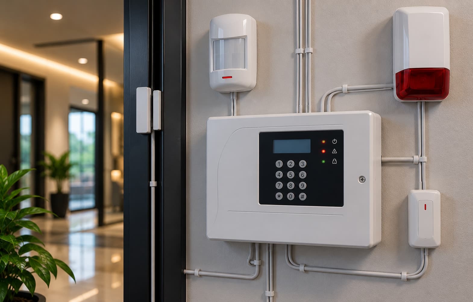 A wired alarm control panel with a motion sensor and siren mounted on a wall