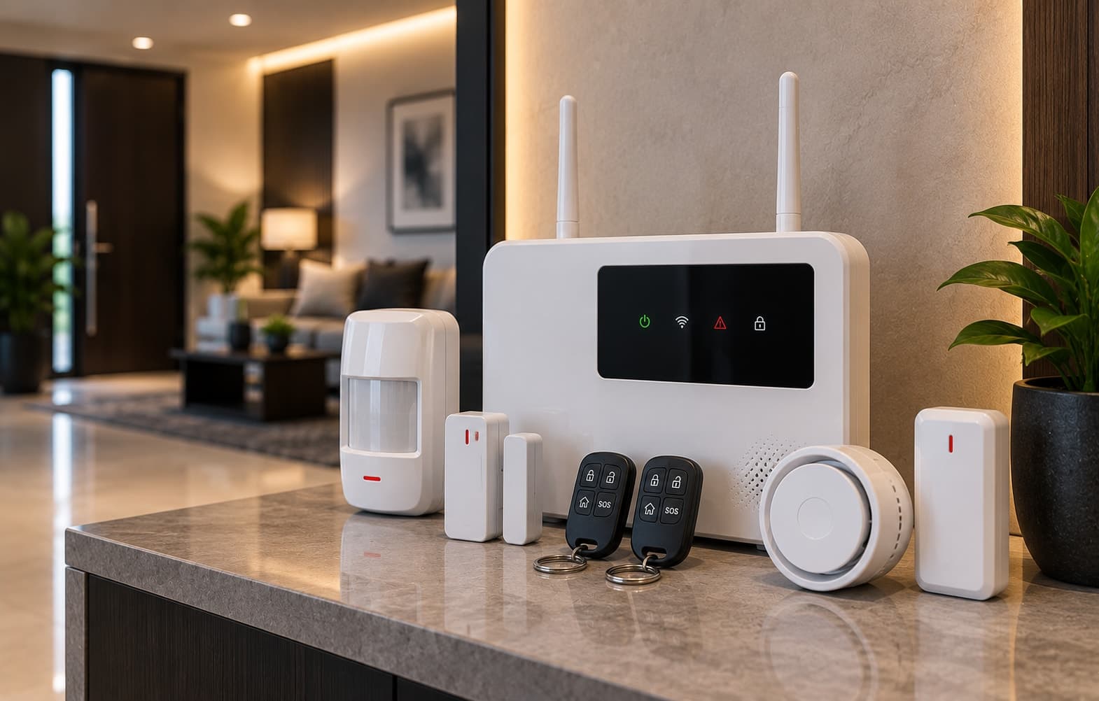 A wireless alarm hub with motion sensor, door contact, and remote key fobs on a countertop