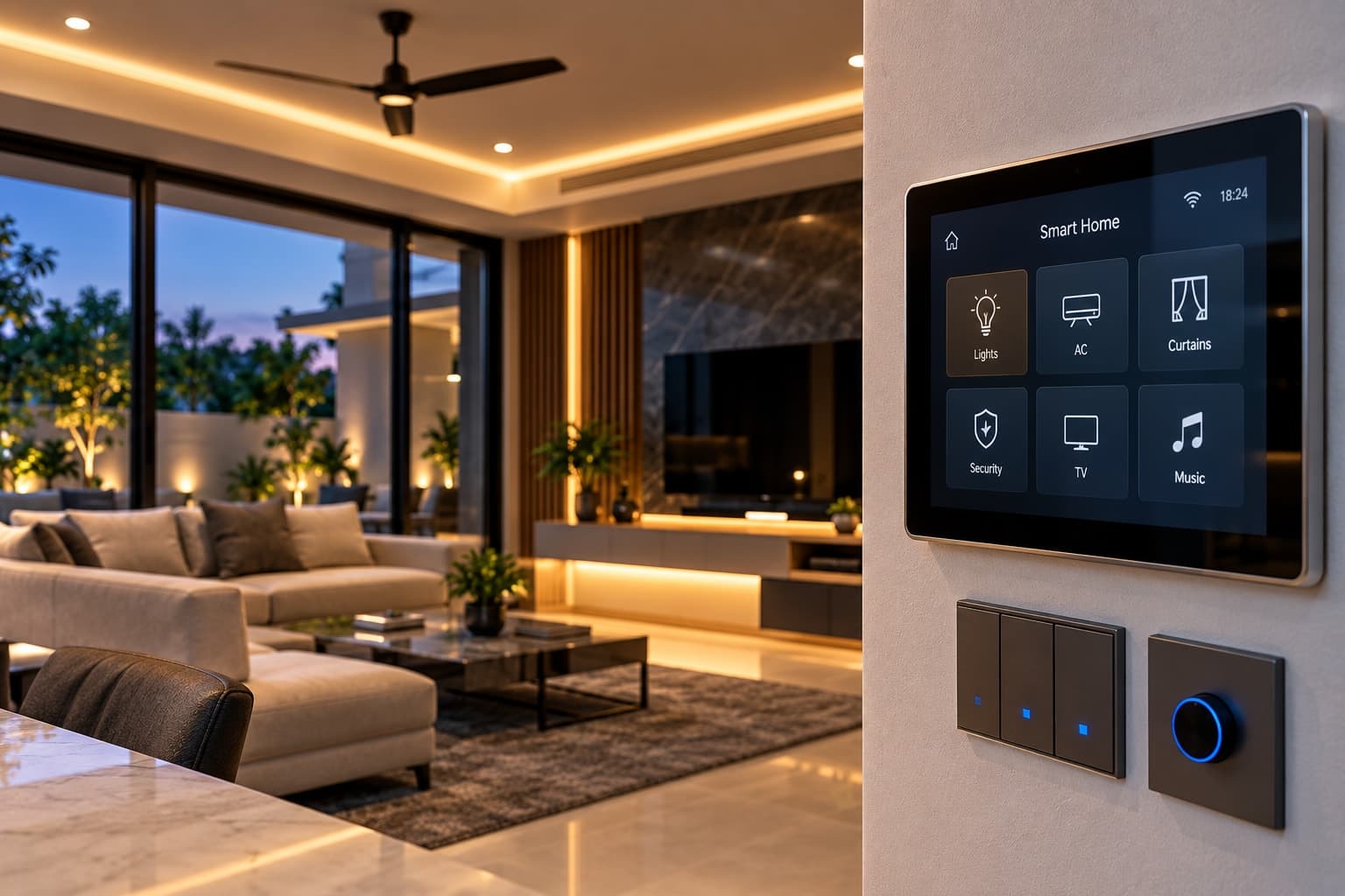 A wall-mounted smart home touch panel controlling lights, AC, curtains, and music in a warmly lit living room
