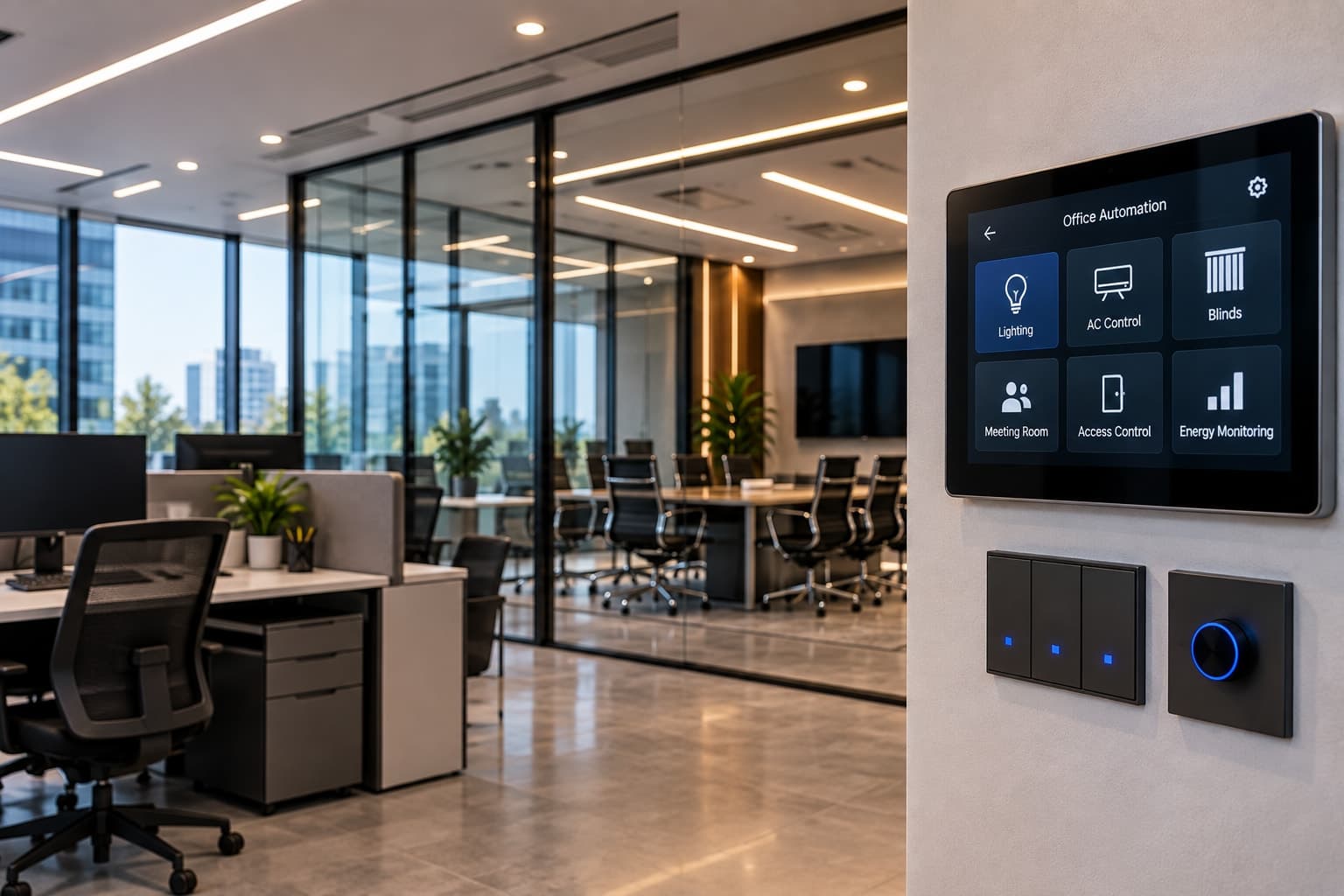 A wall-mounted office automation touch panel controlling lighting, AC, blinds, and access control beside an open-plan office