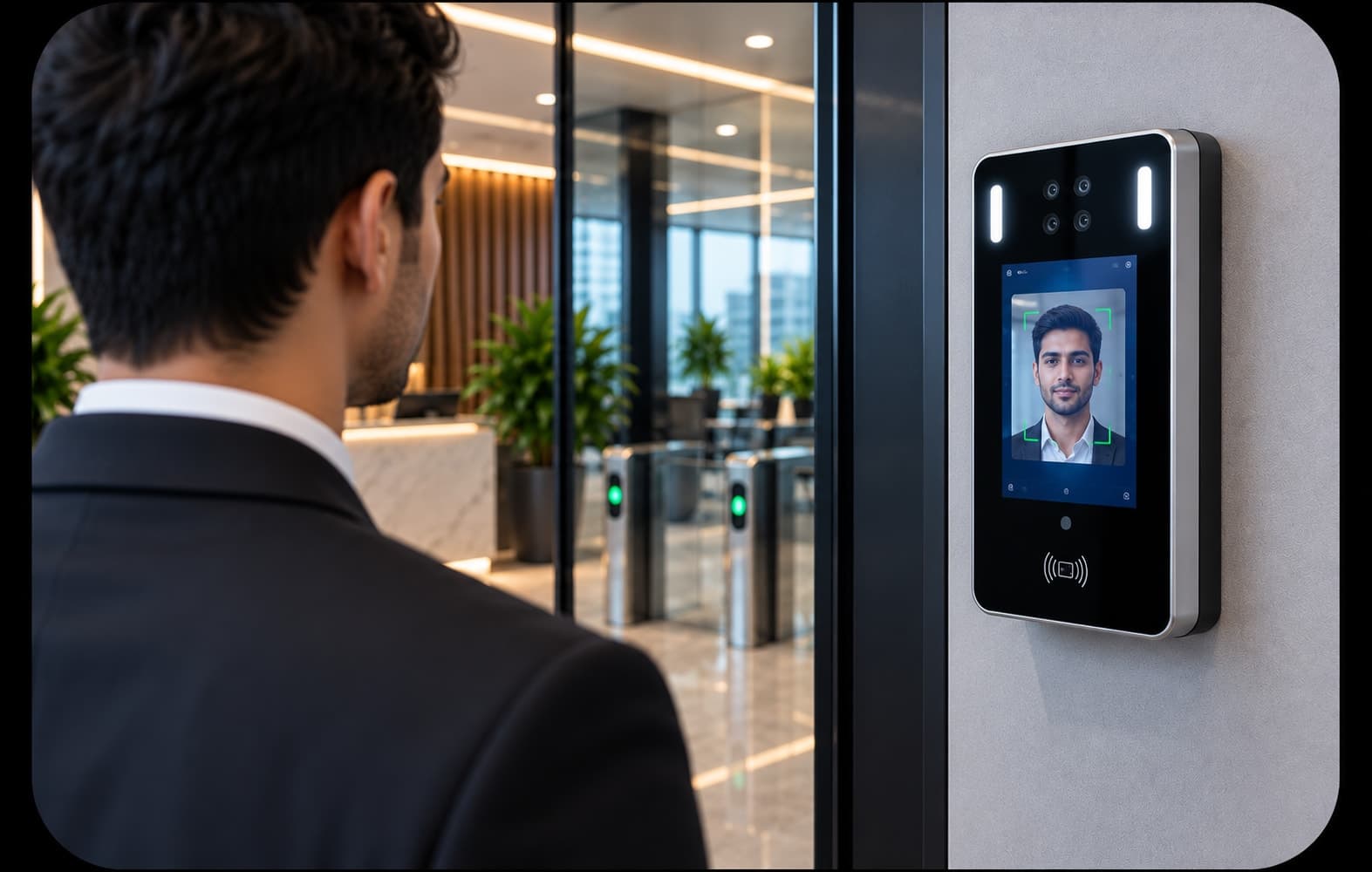 A dome camera used for face recognition mounted at a building entrance