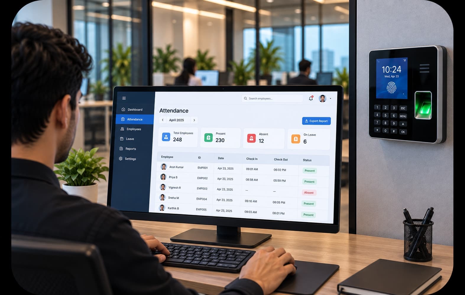 A laptop on an office desk representing a web-based attendance dashboard
