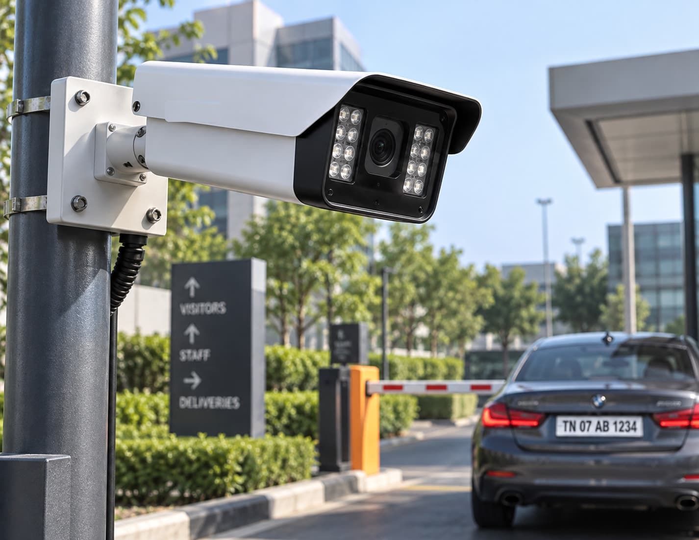 A solar-powered pole-mounted traffic monitoring camera against a clear blue sky