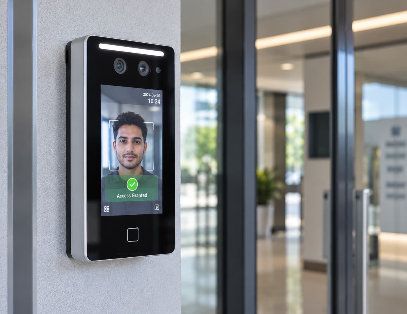 A dome security camera mounted at a modern building entrance