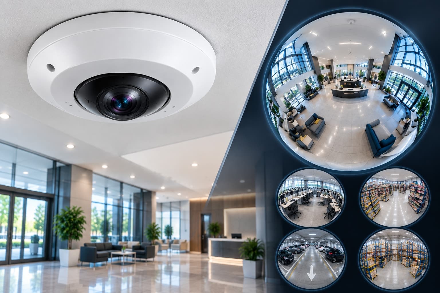 A 360-degree fisheye security camera mounted on a ceiling