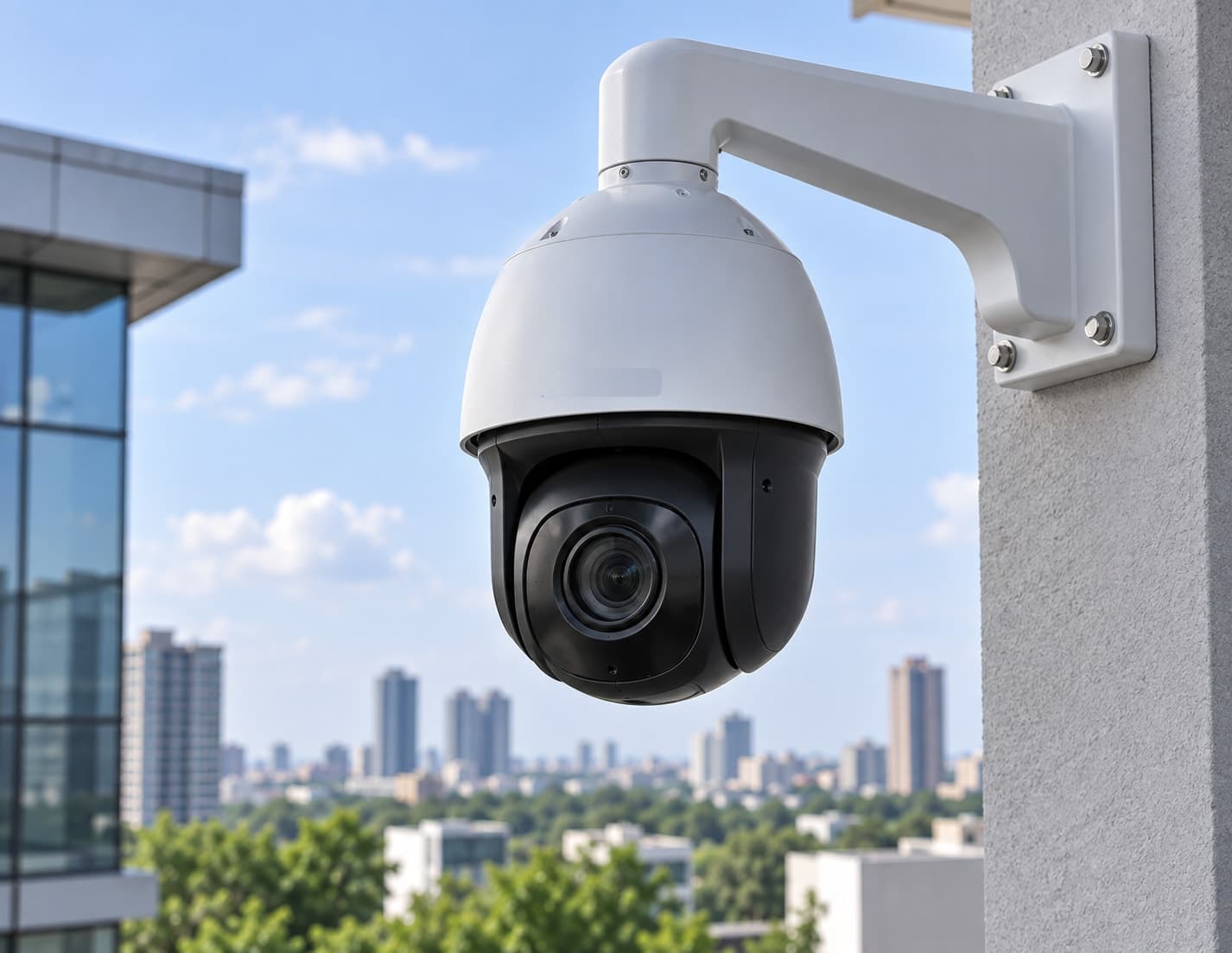 Pan-tilt-zoom security cameras mounted on a pole against a cloudy sky