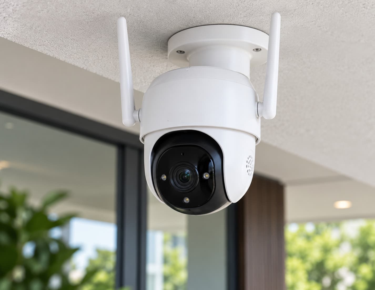 A compact white smart Wi-Fi camera mounted in the corner of a room
