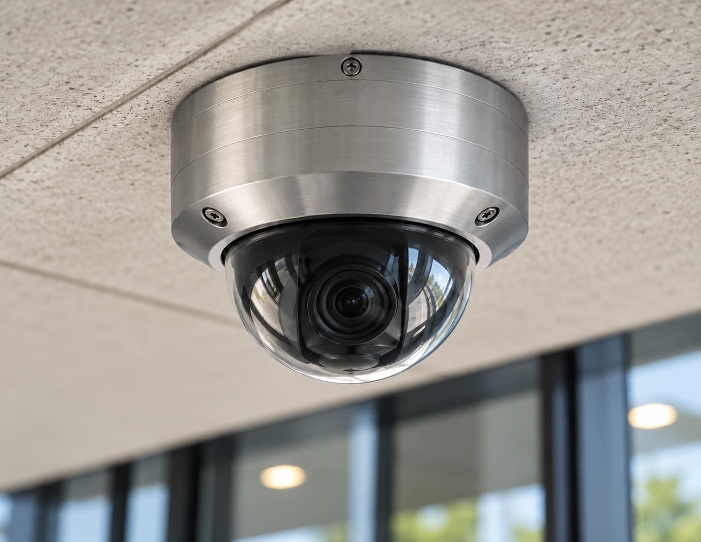 A rugged dome security camera on a sturdy metal mount at a building corner