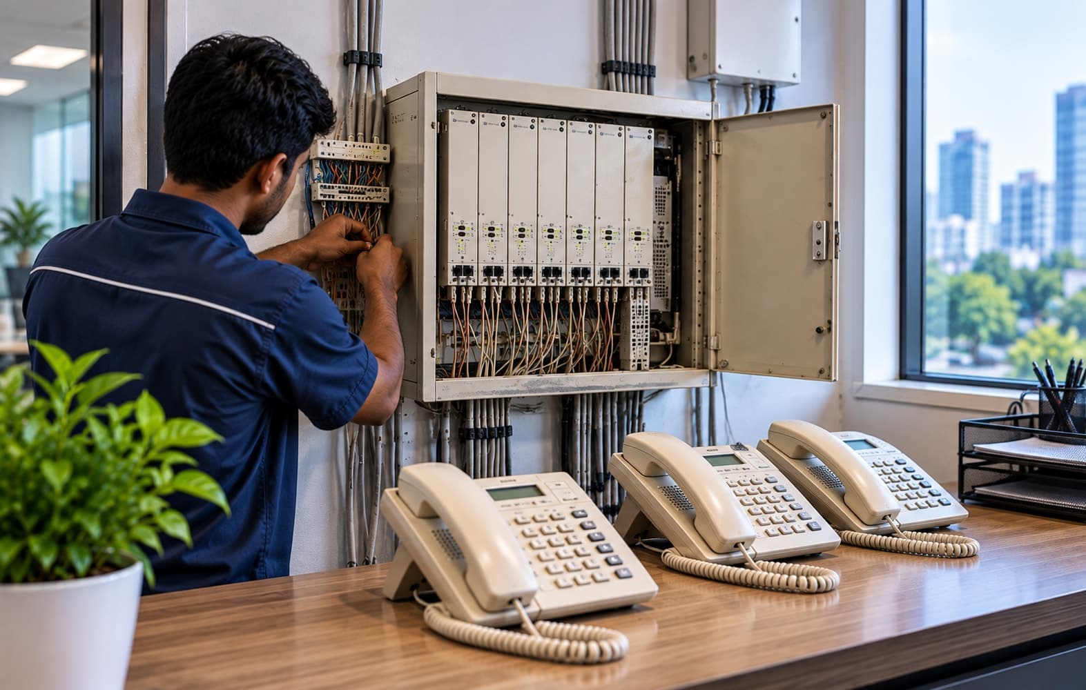 A vintage analog telephone with a rotary and push-button dial