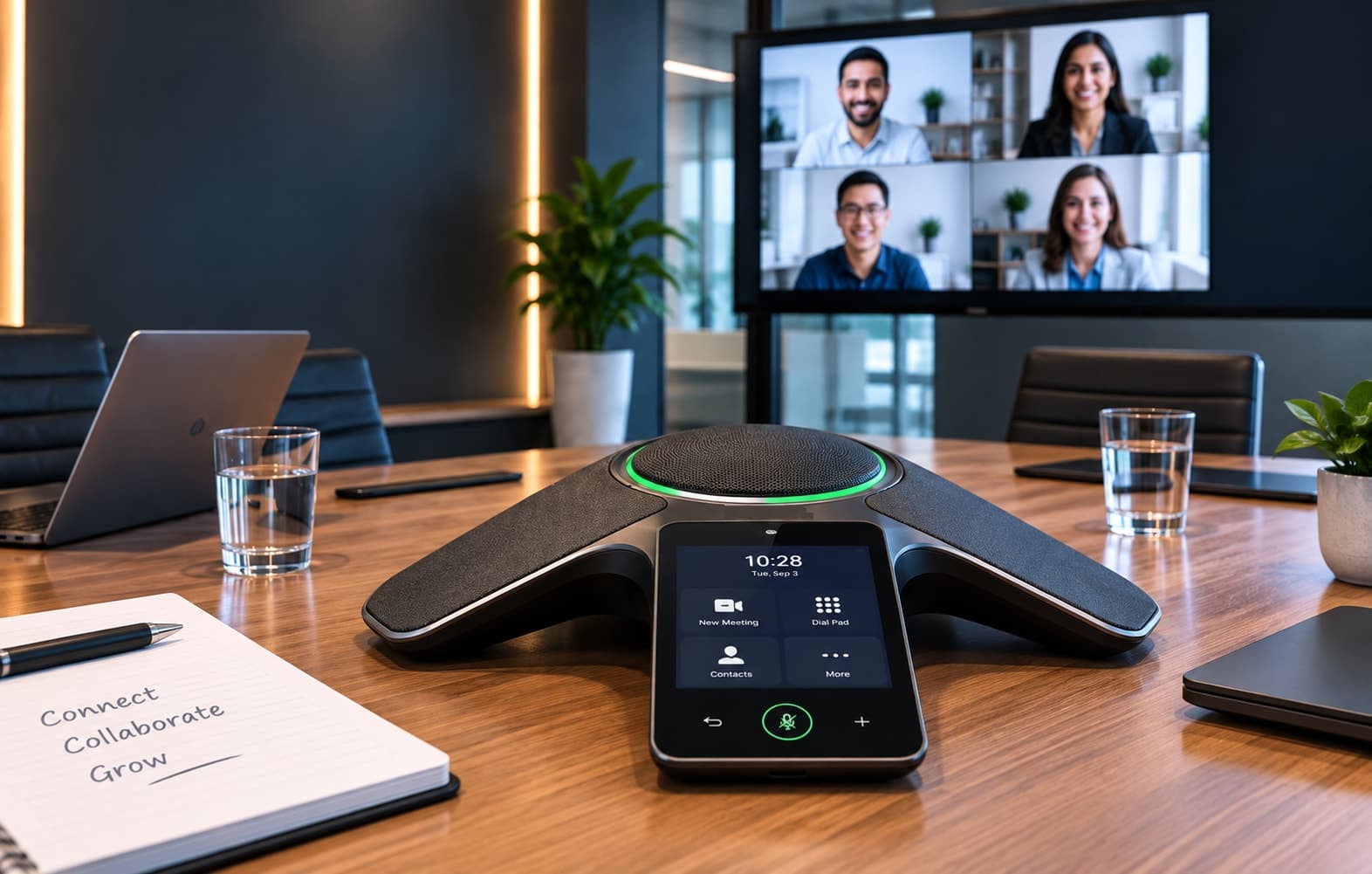 A conference speakerphone on a meeting room table