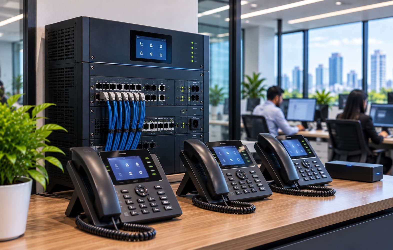 A hand dialing on a digital desk phone in an office
