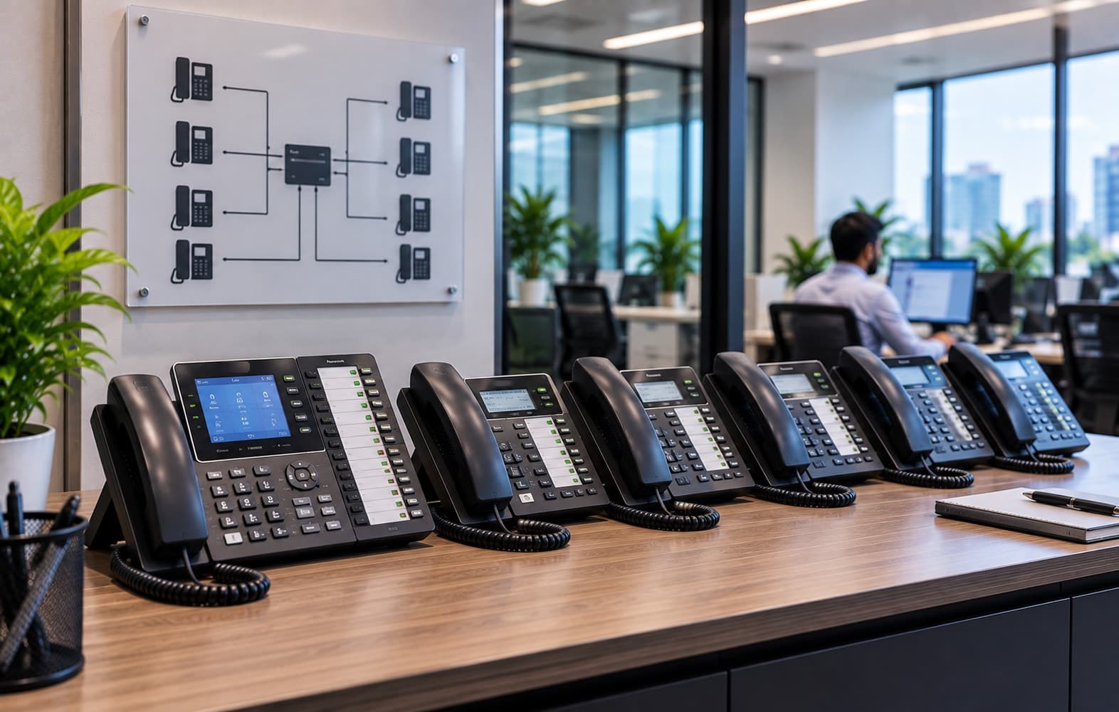 A desk telephone handset resting on its cradle