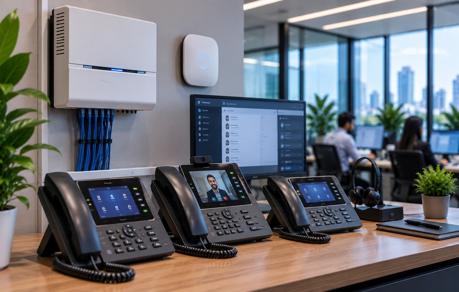 An IP desk phone with a digital display in a data center room