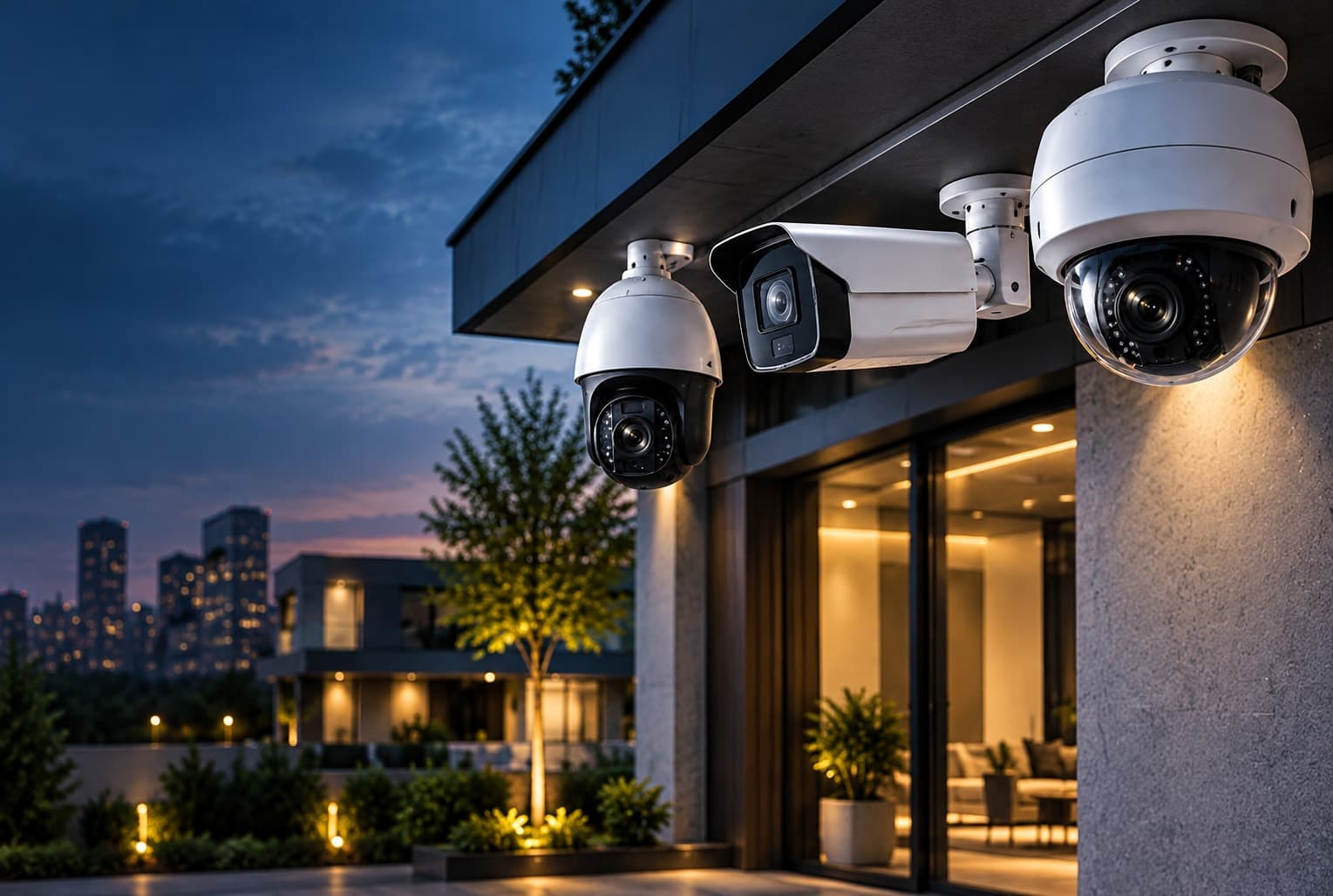 Outdoor CCTV bullet camera mounted at a modern building entrance