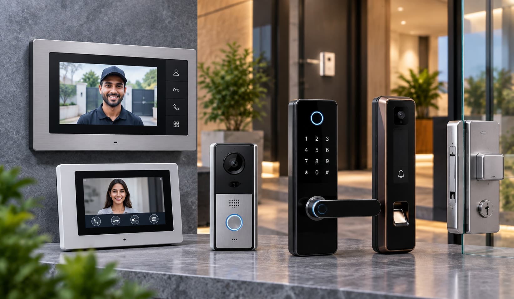 Video door phone monitors and access lock panels at an entrance