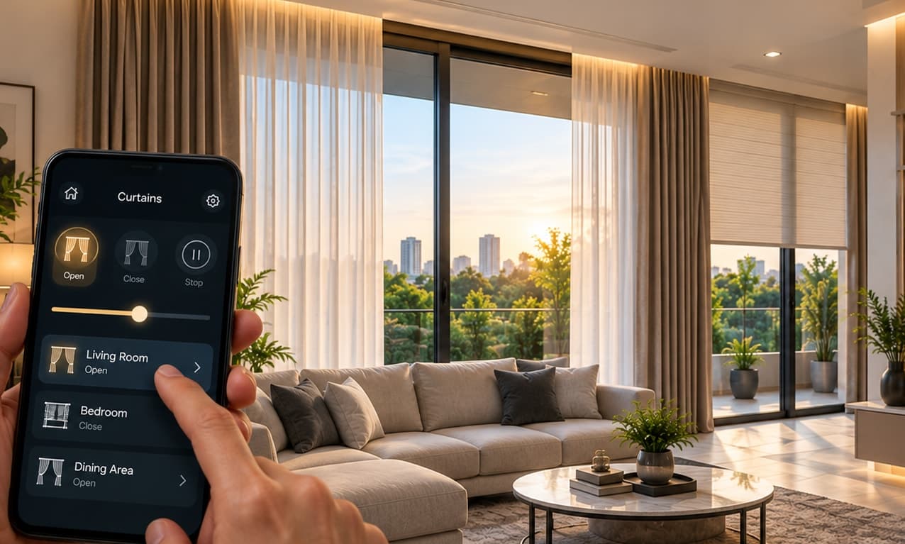A hand controlling motorized living room curtains from a phone app