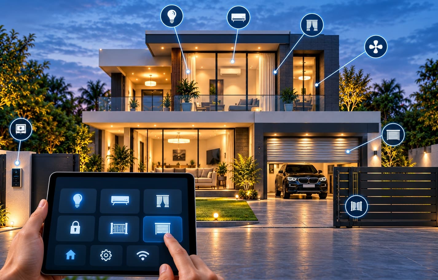 A tablet controlling multiple connected devices throughout a smart home, shown with linked icons across the property