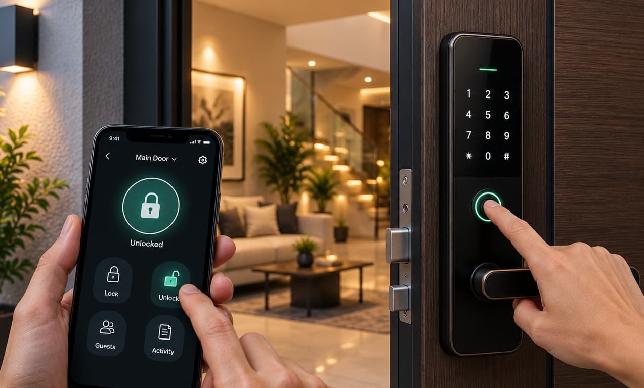 A smart door lock controlled from a phone app alongside a fingerprint scan at the door