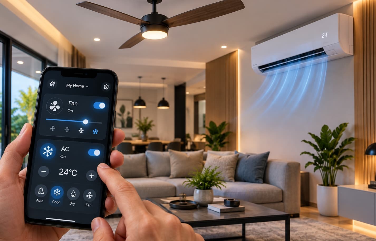 A hand controlling a ceiling fan and air conditioner from a phone app