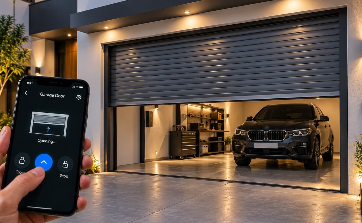 A motorized garage shutter door opening to reveal a parked car, controlled from a phone app
