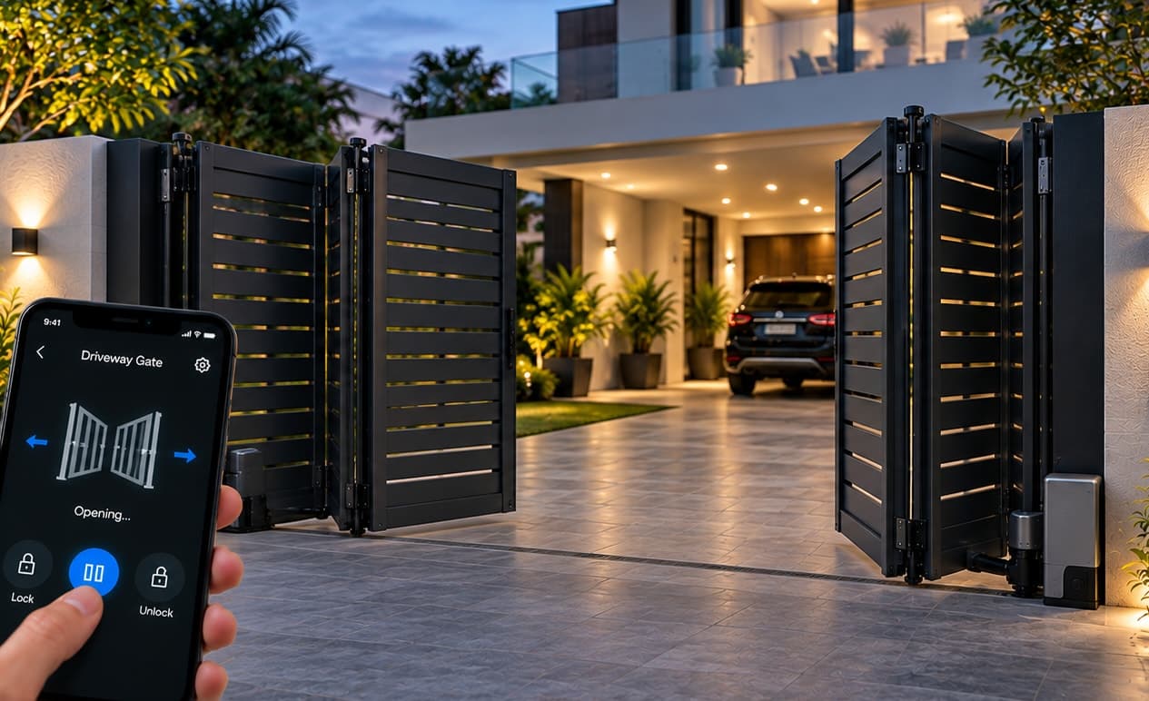Paired bi-folding gate leaves opening from both sides of a wide driveway entrance