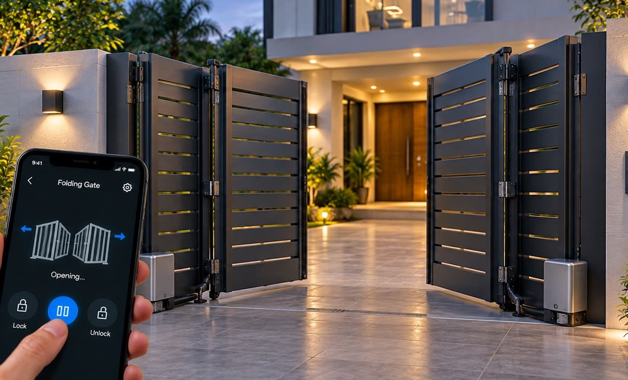 Accordion-style folding gates opening at a home entrance, controlled from a phone app