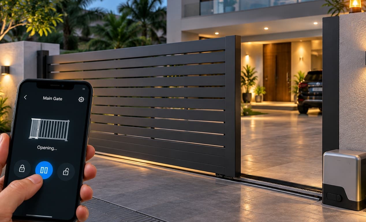 A motorized sliding gate opening at a home driveway, controlled from a phone app