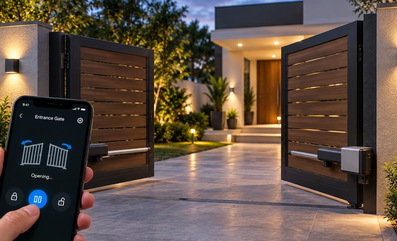 Automated double-leaf swing gates opening at a home entrance, controlled from a phone app