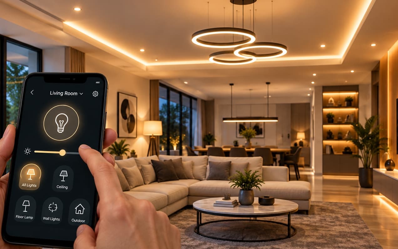 A hand controlling smart living room lighting from a phone app