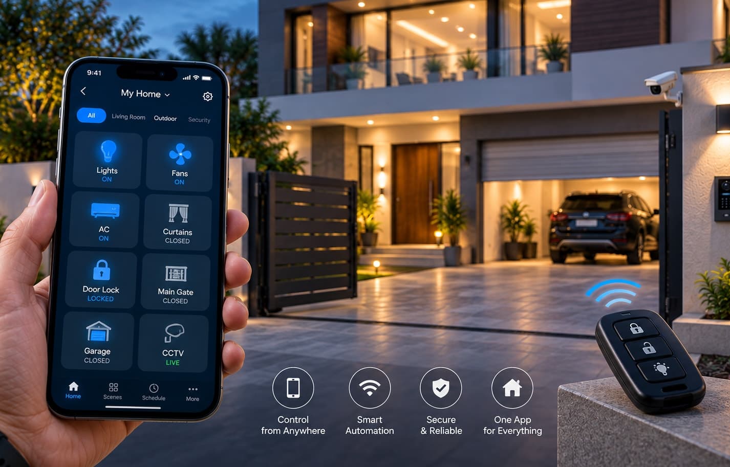 A phone app showing controls for lights, fans, AC, curtains, door lock, garage, and CCTV
