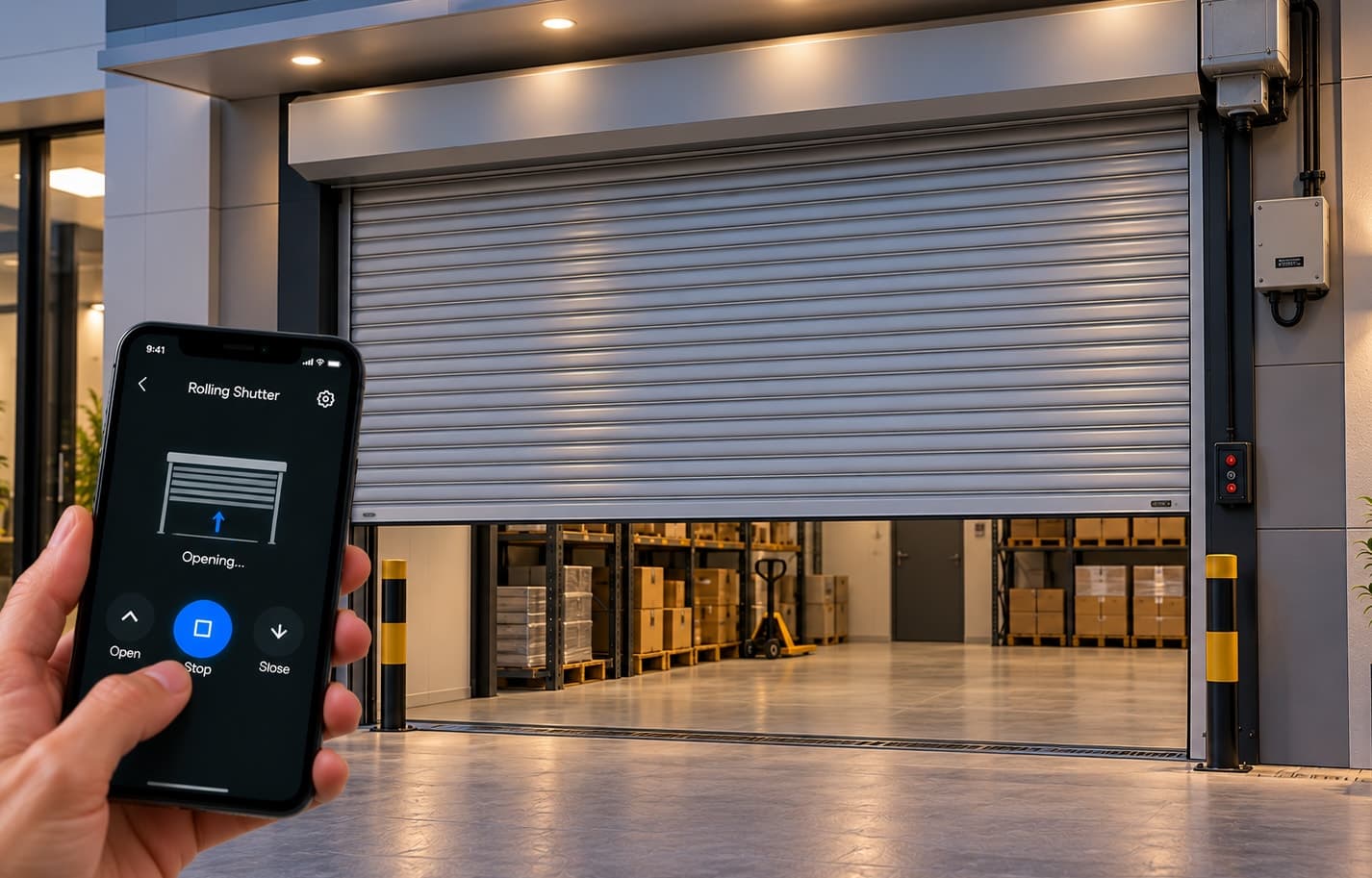 An automated rolling shutter opening at a warehouse loading bay, controlled from a phone app