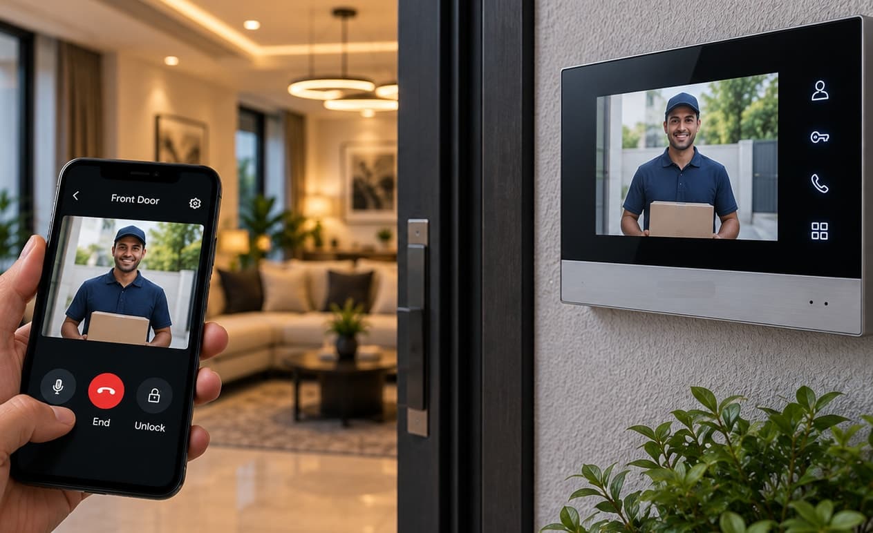 A video door phone call showing a visitor, mirrored on a phone app and an indoor monitor