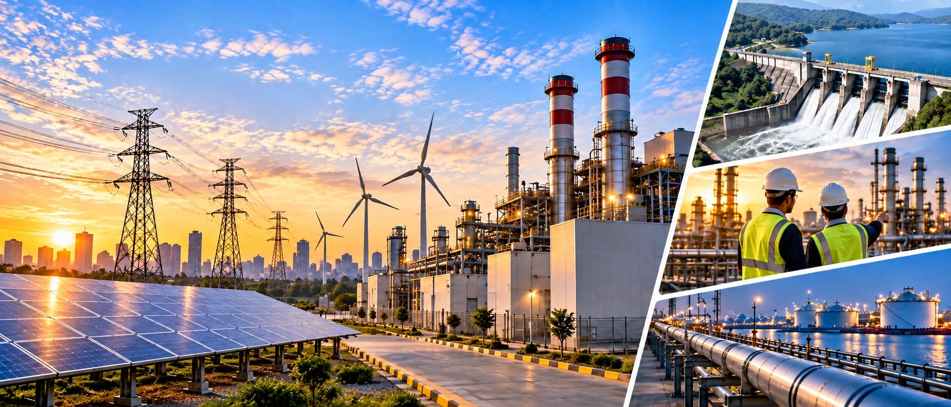 Power plant, transmission towers, and renewable energy infrastructure