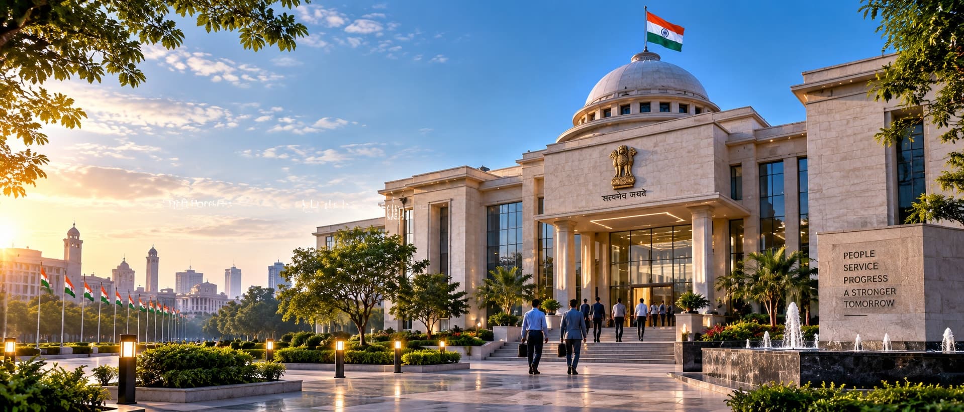 Government building entrance with the national flag flying above the dome