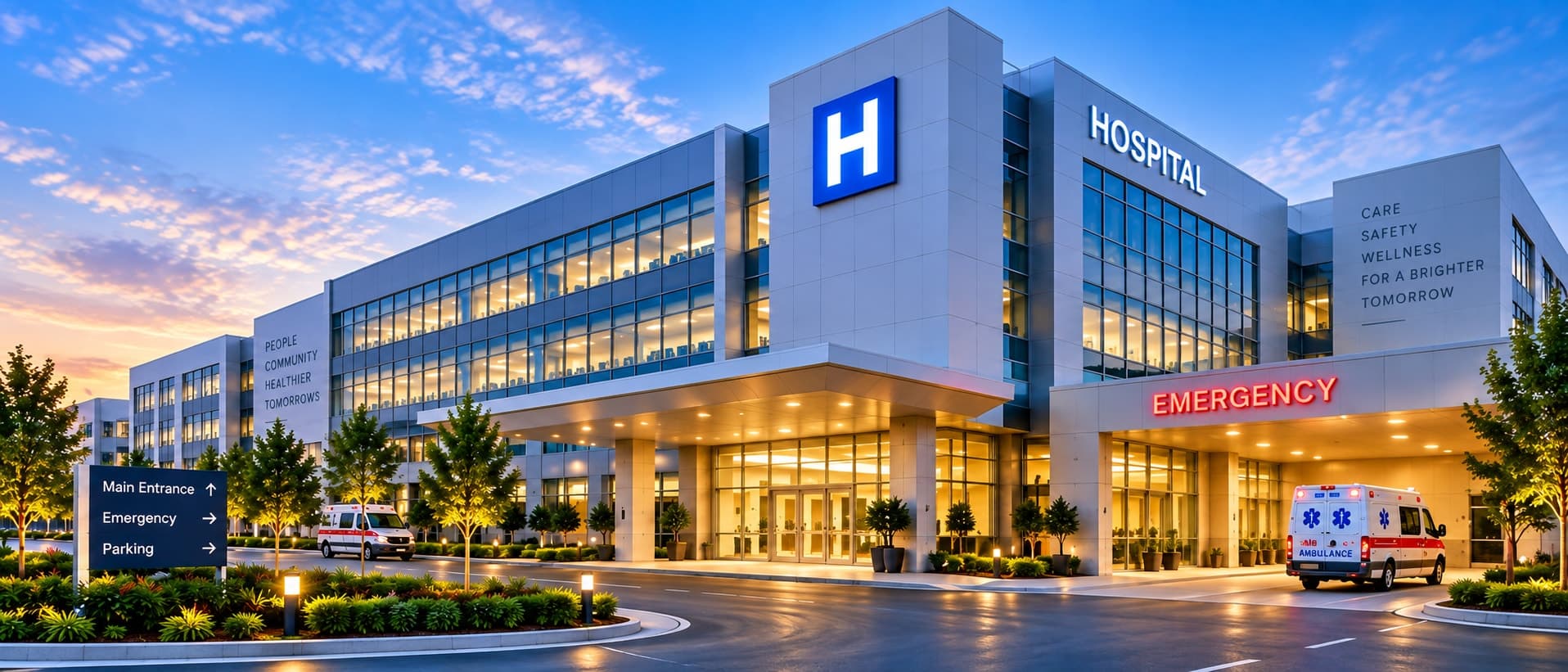 Hospital building entrance with an ambulance parked at emergency admissions