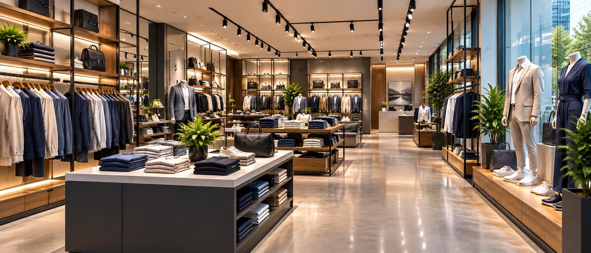 Upscale clothing showroom interior with displayed apparel and accessories