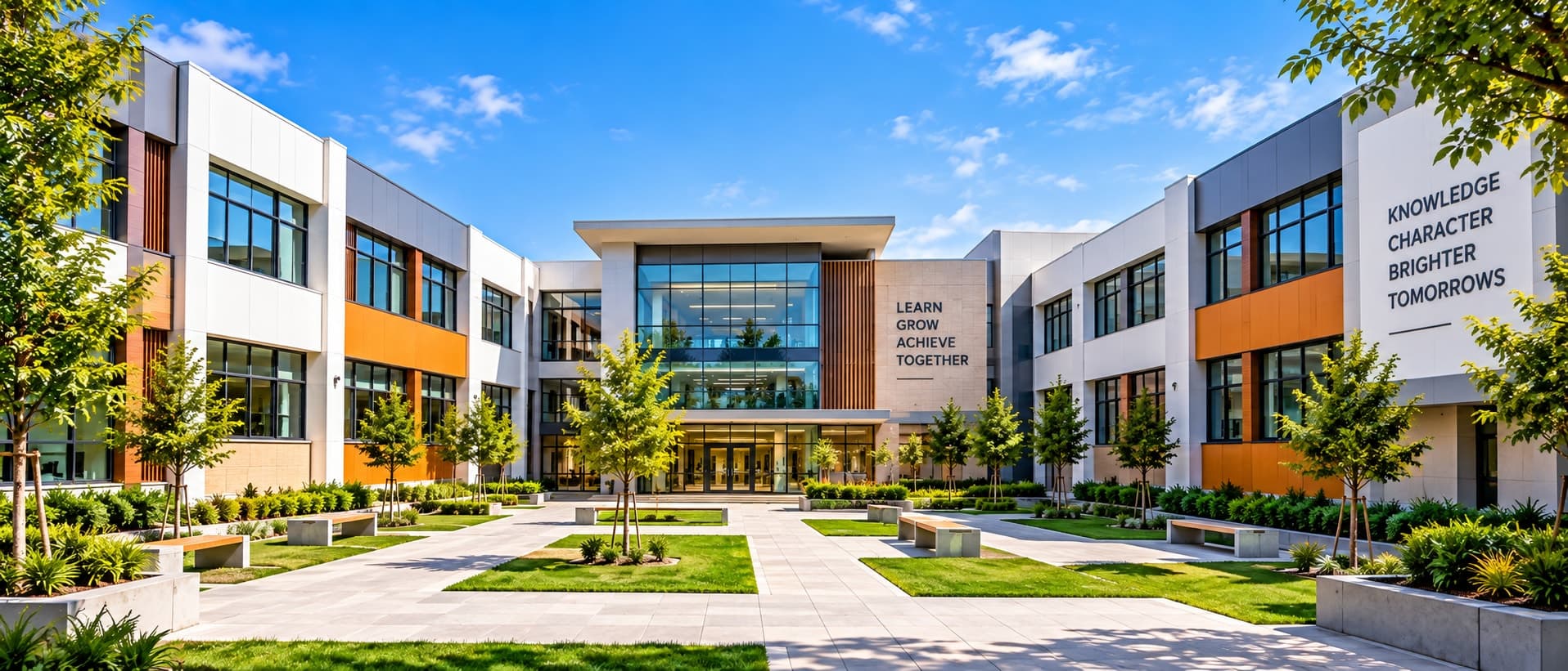 Modern school campus building with a landscaped courtyard