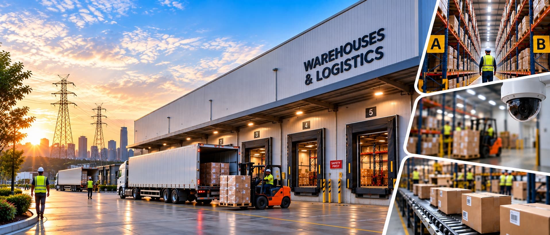 Warehouse loading dock with trucks and forklifts moving pallets of goods