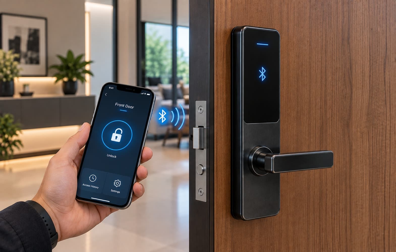 A smartphone unlocking a smart door lock over Bluetooth