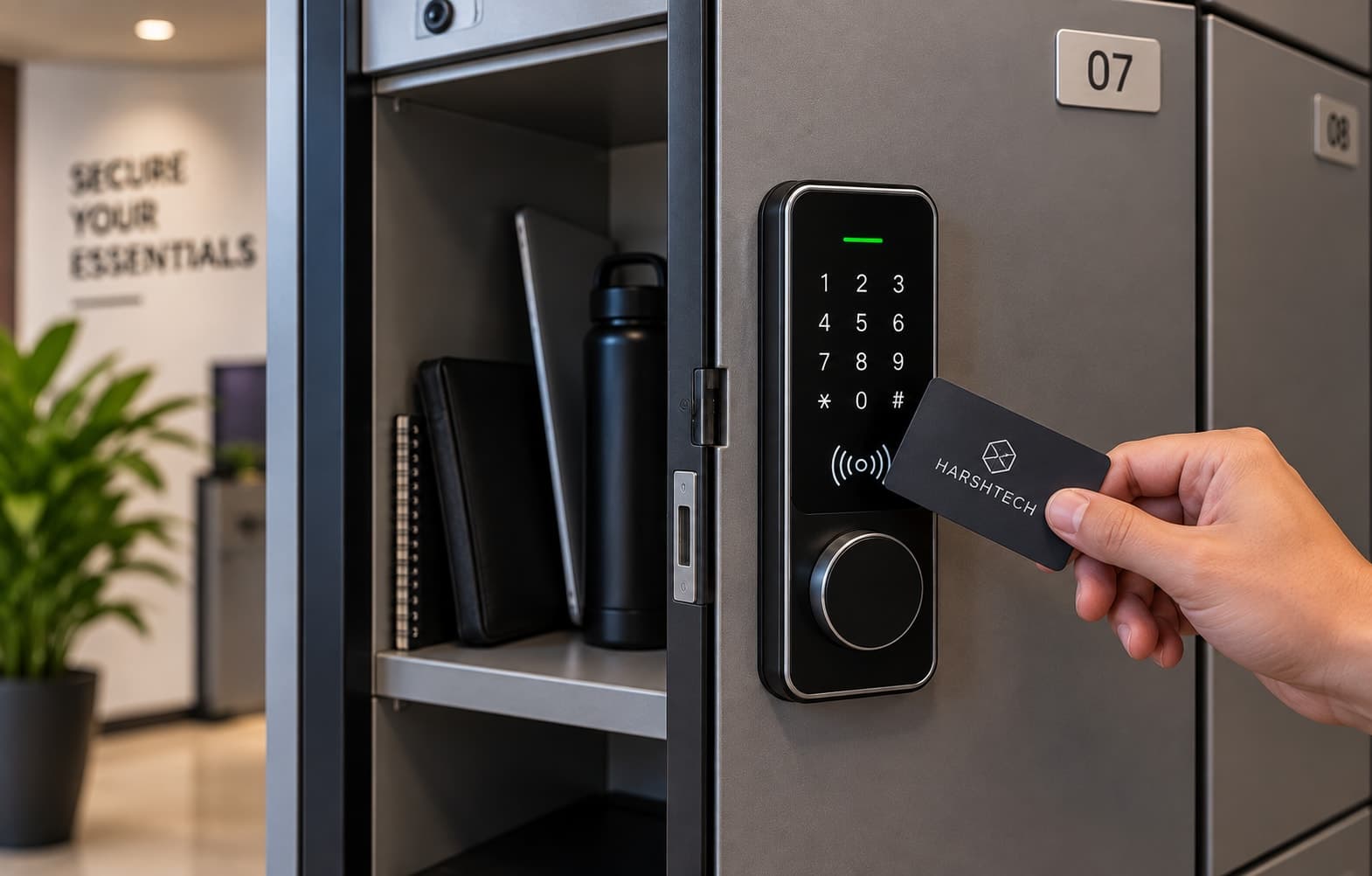 A hand tapping a card against a smart lock on an office locker