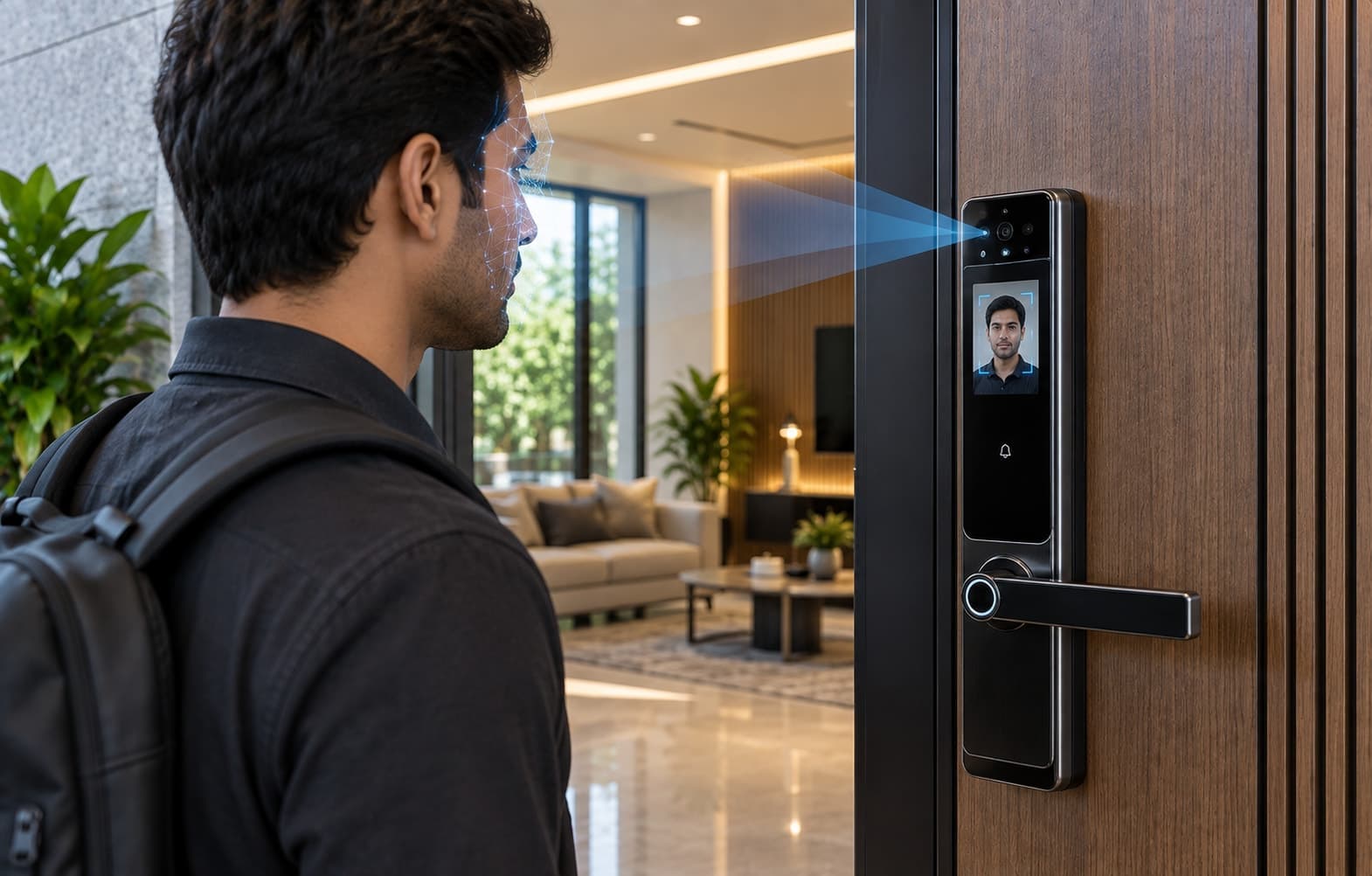 A smart lock scanning a person's face to unlock the door