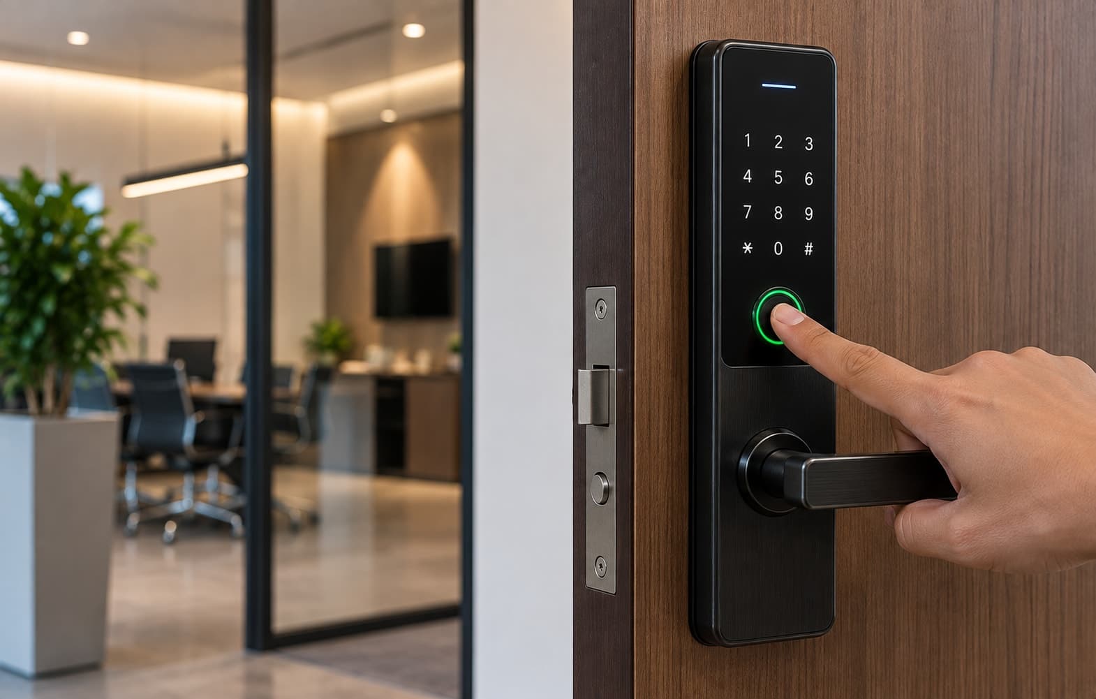 A finger pressing the fingerprint scanner on a smart door lock